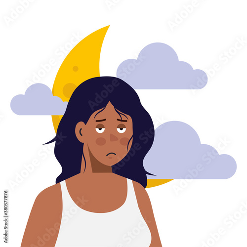 woman cartoon with insomnia moon and clouds design, sleep and night theme Vector illustration