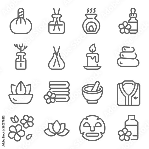 Spa Relax icon illustration vector set. Contains such icon as Aroma, Massage, Herbal, Mask, Massage, Diffuser, Therapy and more. Expanded Stroke