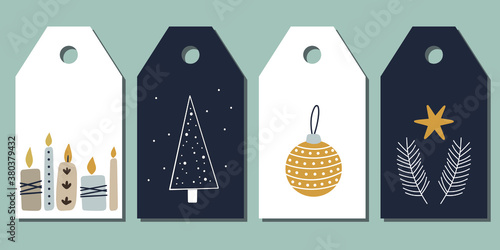 Set of 4 christmas gift tags. Cozy winter illustration for scrapbooking, printable gift labels in flat style. Scandinavian style, cute and simple.
