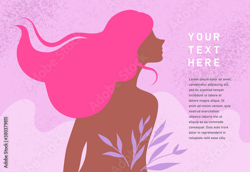 Pink banner with beautiful female silhouette with long hair and perfect body. Romantic Flyer, poster or web page for spa center, cosmetics shop, beauty industry, bodycare, women's health