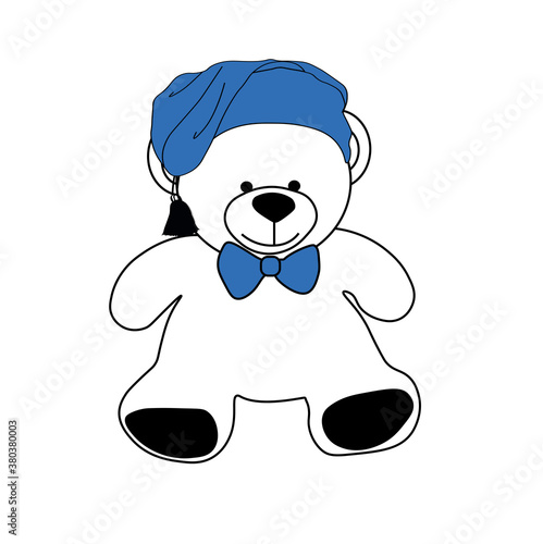 Bear cub vector stock illustration in Doodle style. Children's soft toy in a nightcap. Drawing for a children's card. Children's doll Teddy bear. Isolated on a white background.