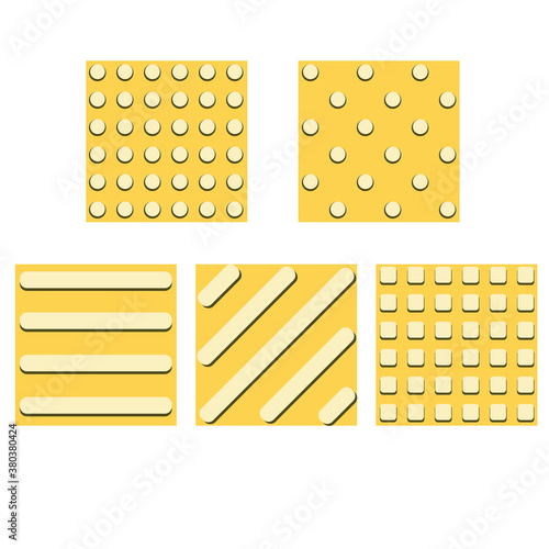 Tactile paving slabs with squares or stripes isolated on white background for design, flat vector stock illustration with set or collection of yellow tactile tiles