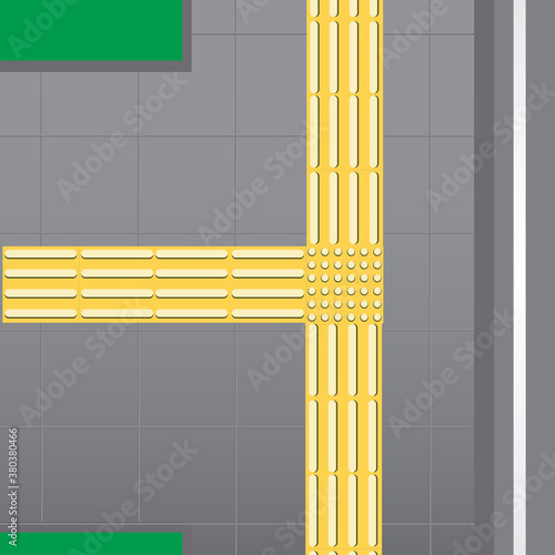 Tactile tile on sidewalk before forking as navigation for the blind, top view, flat vector stock illustration with sidewalk and navigation or yellow mark