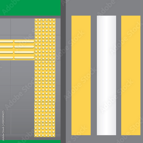 Tactile tiles on sidewalk in front of pedestrian crossing as navigation for the blind, top view, flat vector stock illustration with sidewalk and pedestrian crossing