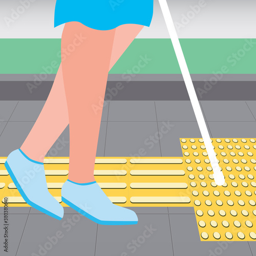 Blind man with white cane and yellow tactile tiles, flat vector stock illustration as a concept for inclusiveness, navigation and markup for the blind