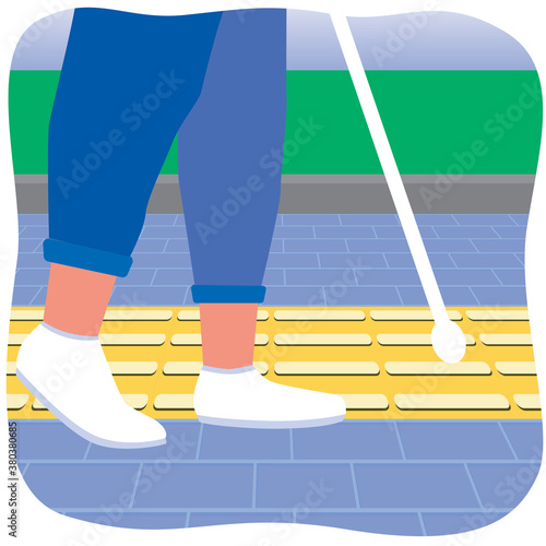 Feet of a blind man, shoes with white cane and yellow tactile tiles, flat vector stock illustration as an inclusiveness, navigation and markup concept for the blind