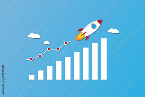 Rocket Fly on chart. Business financial start up growth success concept on blue Background