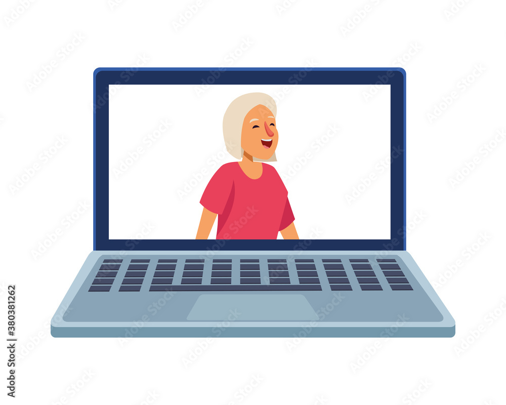 old woman with red shirt in laptop old woman with red shirt in laptop