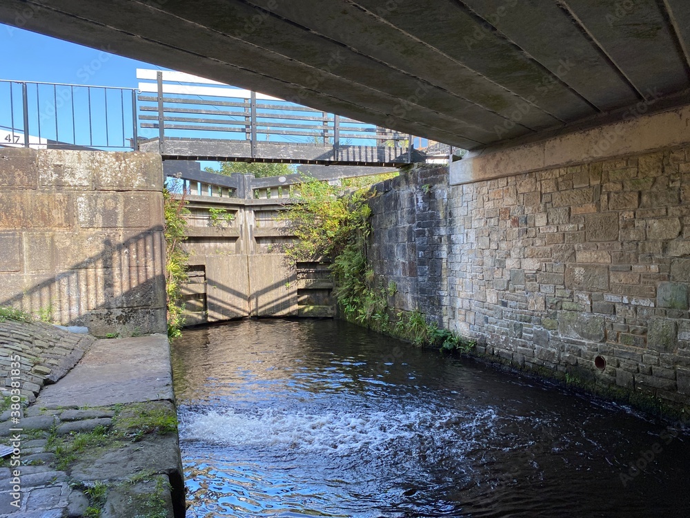 Rochdale Canal, lock gate in, Littleborough, Rochdale, UK Rochdale Canal, lock gate in, Littleborough, Rochdale, UK