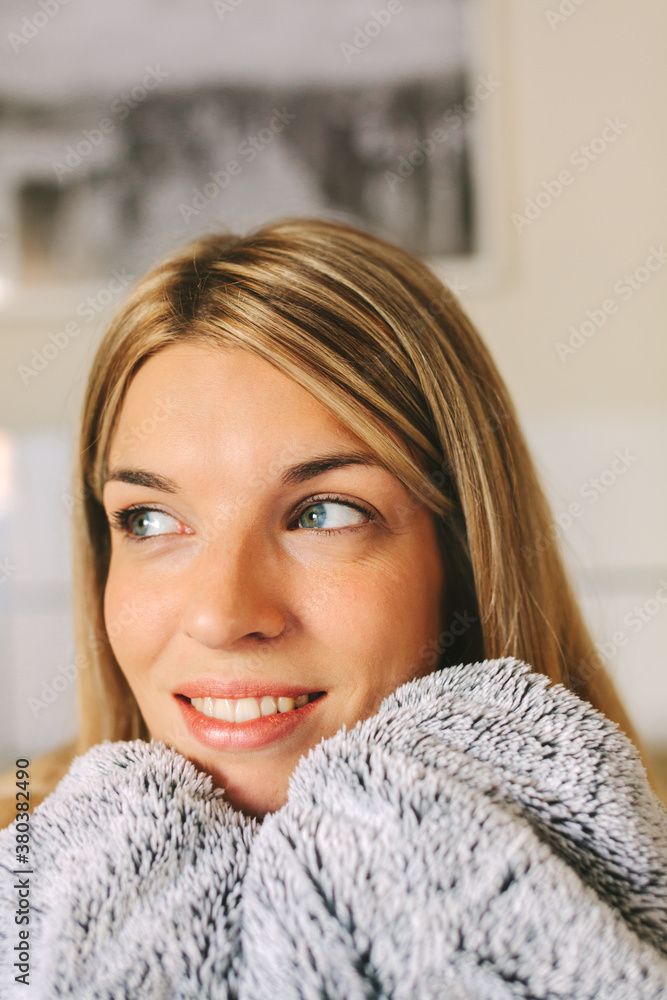 Cute Blonde Young Woman Covering Her Face with a Blanket Cute Blonde Young Woman Covering Her Face with a Blanket