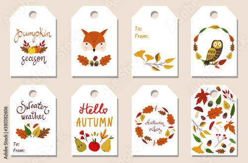Set of 8 autumn fall gift tags. Leaves, fox, owl, pumpkin. Lettering and wreaths. Isolated elements. Vector illustration. Printable seasonal labels templates. For Thanksgiving, birthday presents.
