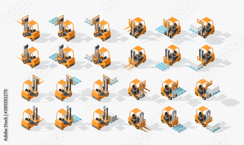 Isometric set Forklift truck with pallet and boxes isolated on white background. Fork loader, logistics company, warehouse. 3D Cargo delivery infographics. Forklift with the fork raised and lowered