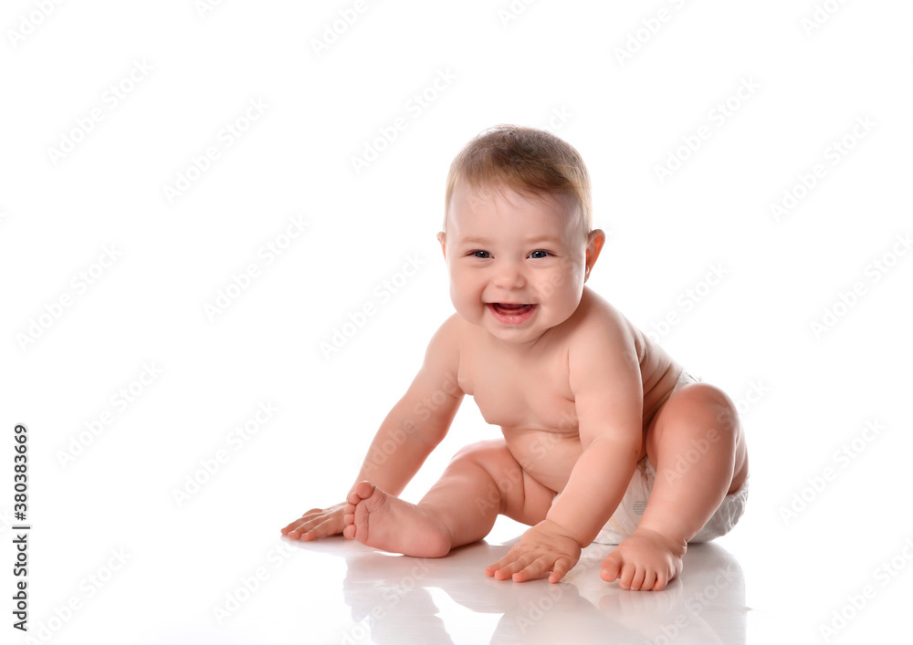 cute toddler baby in diapers smiling happily on white background cute toddler baby in diapers smiling happily on white background