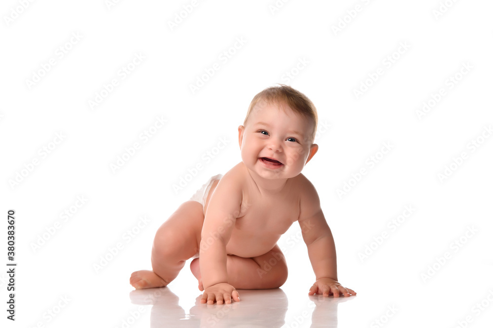 cute toddler baby in diapers smiling happily on white background cute toddler baby in diapers smiling happily on white background