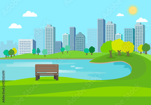 Public park nature landscape with city background.Nature scene with bench in city.Lake in town.Urban with spring meadow.Lake Park Summer.Vector illustration