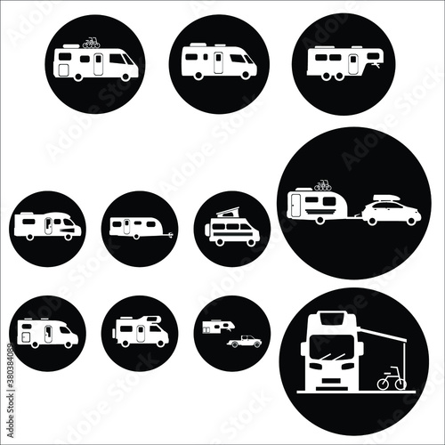 Flat Recreational Vehicles Icons set, motorhome 
