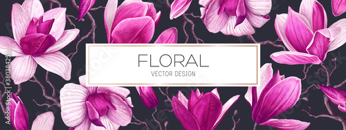 Large horizontal background with spring realistic vector  flowers of pink magnolia. Cover template for a website, personal blog on social networks, banner with discounts for offline or online stores, 