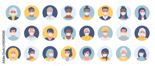 Set of persons, avatars, people heads of different ethnicity and age in protective masks. Men and women in flat style following recommendations for the prevention of coronavirus.