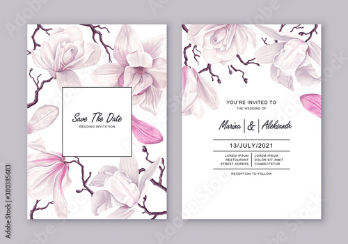 Floral design wedding invitation template, white magnolia flowers. Template design with detailed, vector, realistic spring flowers. Save the date card. Can be used to decorate social media posts