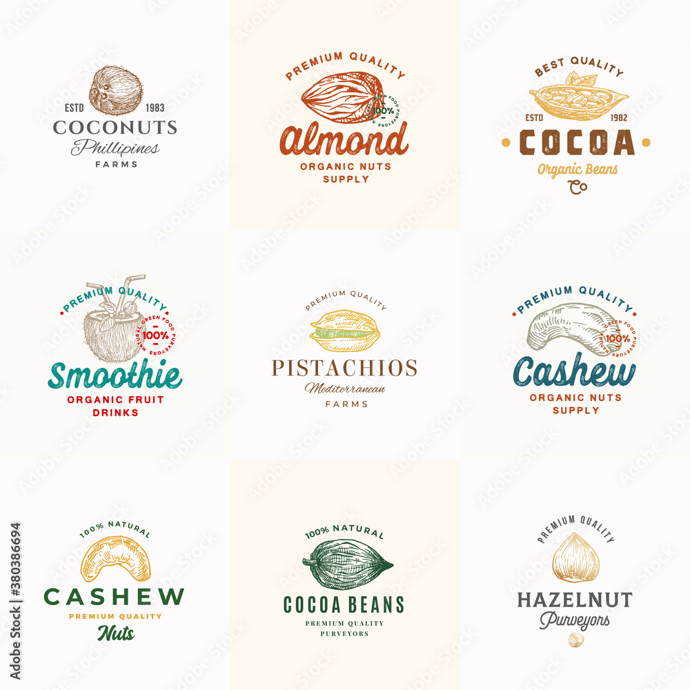 Premium Quality Nuts, Cocoa and Coconuts Vector Signs or Logo Templates Collection. Hand Drawn Almond, Cashew, Pistachio, Hazelnut and Beans Sketches with Typography. Food Emblems Bundle.