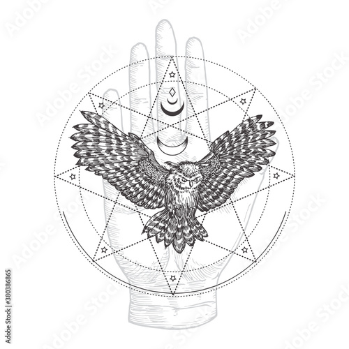Abstract Occult Symbol, Vintage Style Logo or Tattoo Template. Hand Drawn Flying Black Owl and Palm Hand Sketch Symbol and Geometric Mystical Magic Ornaments and Signs.