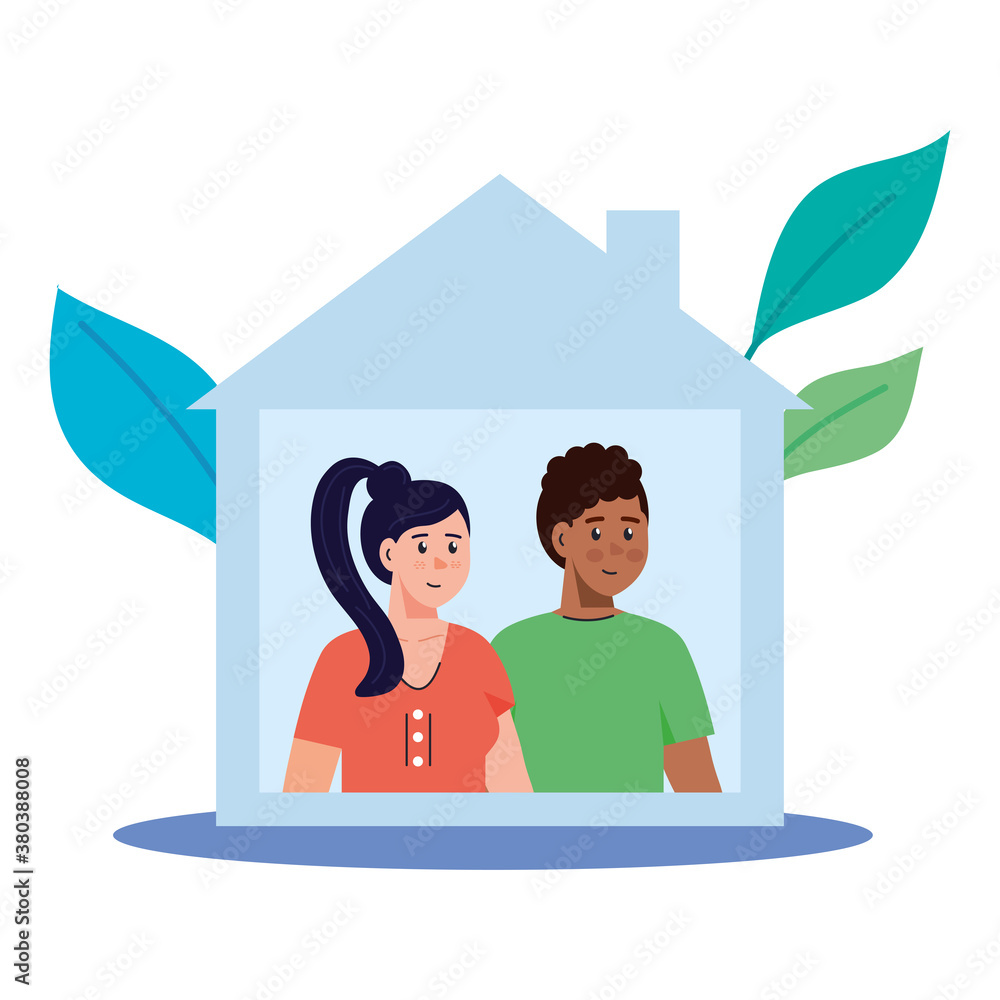 Φωτογραφία woman and man cartoons stay at home with leaves design of medical care and covid
