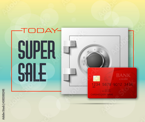 Credit card & Electronic lock picture. Bank door card & image combination lock front side banner. Plastic card & steel safe. Debit card & electromagnetic locking devices chip. Online payment banner
