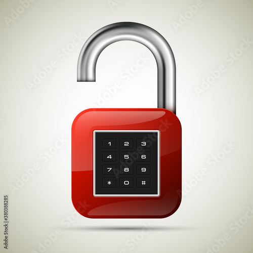 realistic opened padlock. Steel Mechanical Combination lock. Privacy padlock illustration. Enter the PIN code. Electronic lock icon. Reliable Protection open padlock badge. Code combination symbol