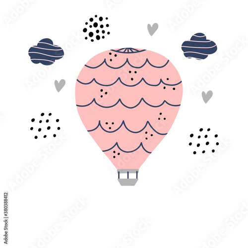 Hot air balloon with clouds cartoon drawing in Scandinavian style isolated on white background. Cute hand drawn postcard.