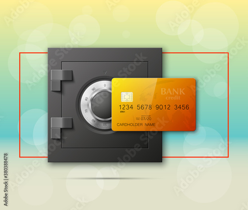 Credit card & Electronic lock picture. Bank door card & image combination lock front side banner. Plastic card & steel safe. Debit card & electromagnetic locking devices chip. Online payment banner