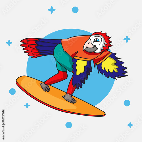 coloured illustration Macaw bird surfing cartoon on the beach, good for sticker, mascot and poster element
