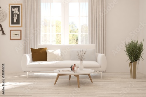 White living room with sofa. Scandinavian interior design. 3D illustration