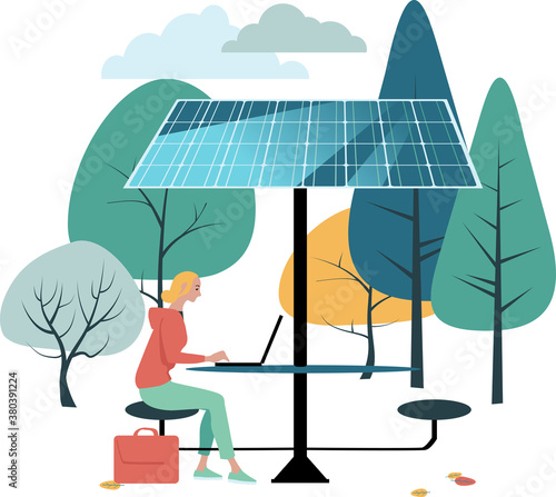 Young woman working on a computer outside using a generic solar power charging table, EPS 8 vector illustration