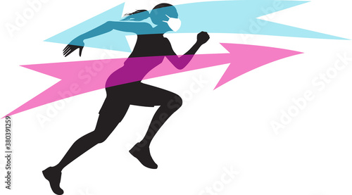 Silhouette of a running woman wearing a breathable face mask for sport, EPS 8 vector illustration, no transparencies 