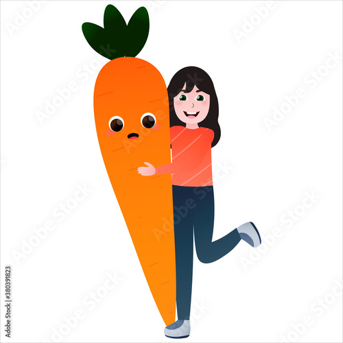 Cute little girl embracing giant carrot, vegetable charater having fun with kid, healthy organic food for children