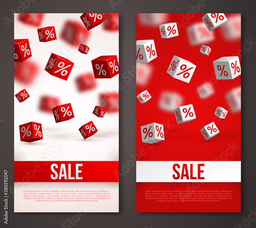 Sale Vertical Banners or Flyers Set. Vector Illustration. Design Template for Holiday Sale Events. 3d Cubes with Percents. Original Festive Backdrop.