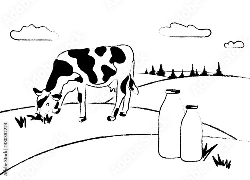 Milk farm. Cows graze in the meadow. Rural landscape, village. Milk jars with grass . Stock vector illustration.
