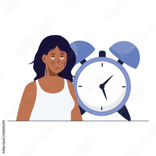 woman cartoon with insomnia and clock design, sleep and night theme Vector illustration