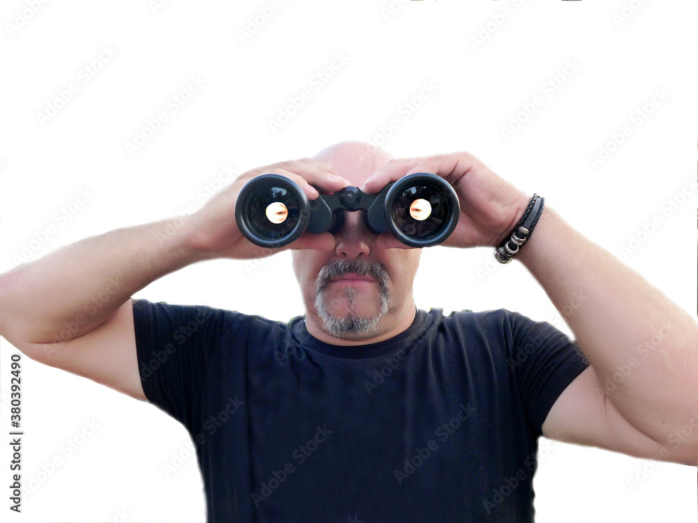 Bearded man looking through binoculars 1, isolated Bearded man looking through binoculars 1, isolated