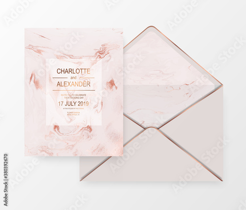 Elegant fluid marble celebration design card and envelope with rose gold waves texture.