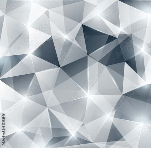 Silver background. Lights, sparkles. Vector illustration. Abstract polygonal backdrop. Beautiful geometric design for business presentations. Festive background for Christmas or New Year design. © kotoffei