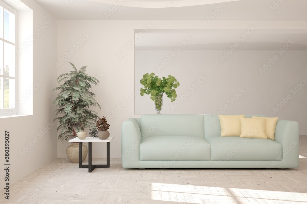 Fototapeta premium White living room with sofa. Scandinavian interior design. 3D illustration