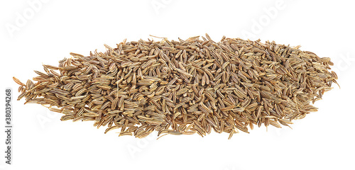 Pile of cumin seeds isolated on a white background. Caraway seeds.