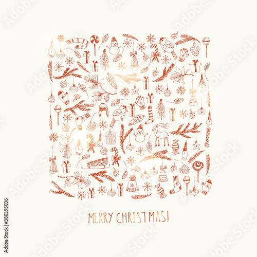 Christmas and new year doodle drawings card with shining ligns effect photo