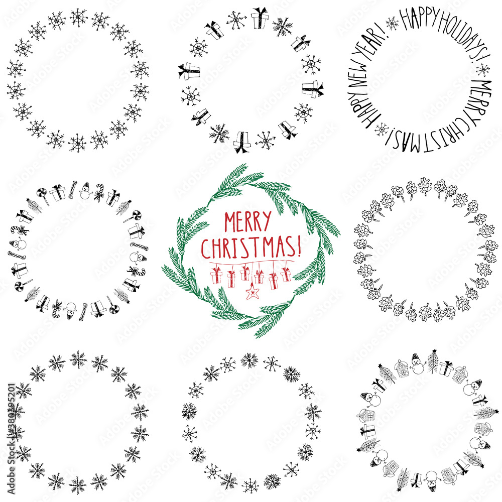 Fototapeta premium Hand drawn christmas doodle round frames and pattern brushes