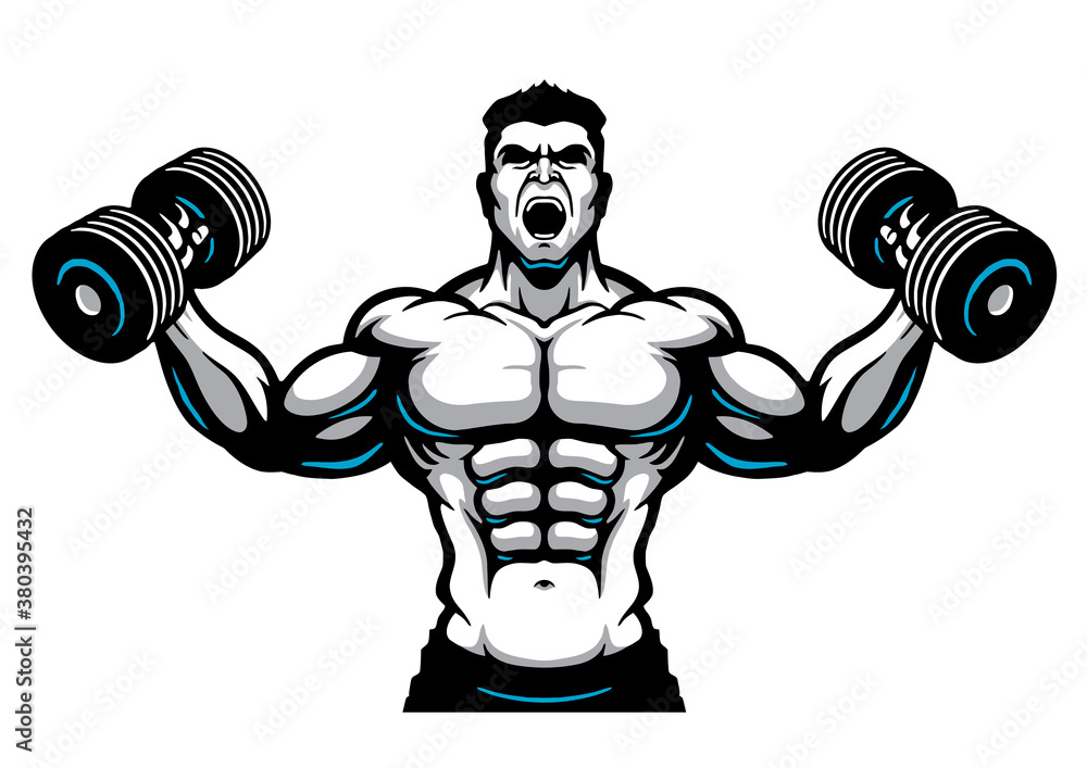 Fototapeta premium muscular bodybuilder with dumbbells, cartoon, logo, character