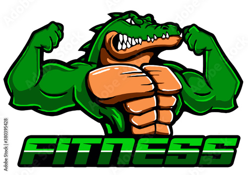 alligator bodybuilder with big biceps, logo, vector, cartoon, mascot