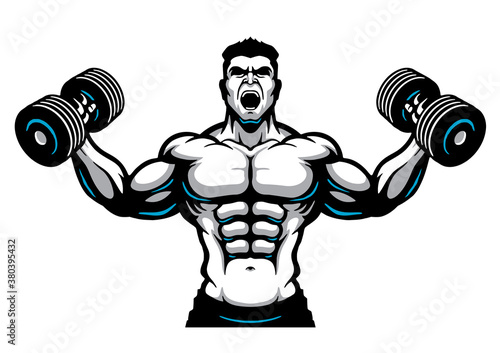 muscular bodybuilder with dumbbells, cartoon, logo, character