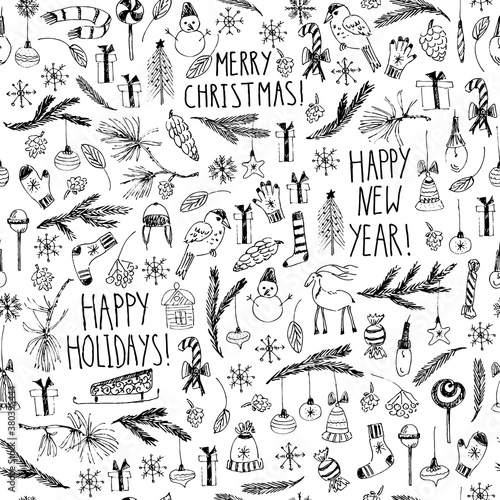 Christmas and new year doodle seamless pattern on red background.