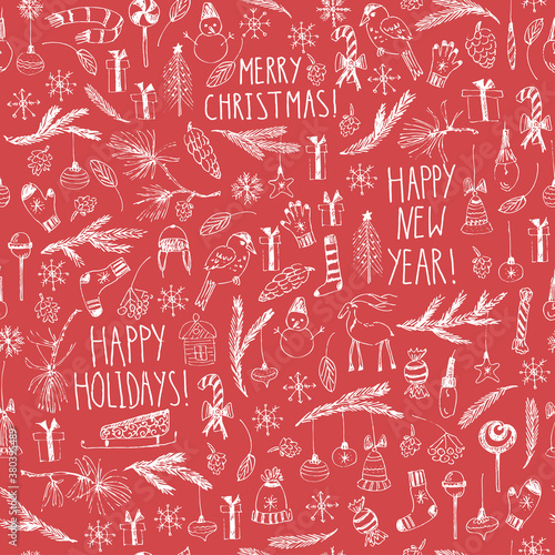 Christmas nad new year doodle seamless pattern on red background.
